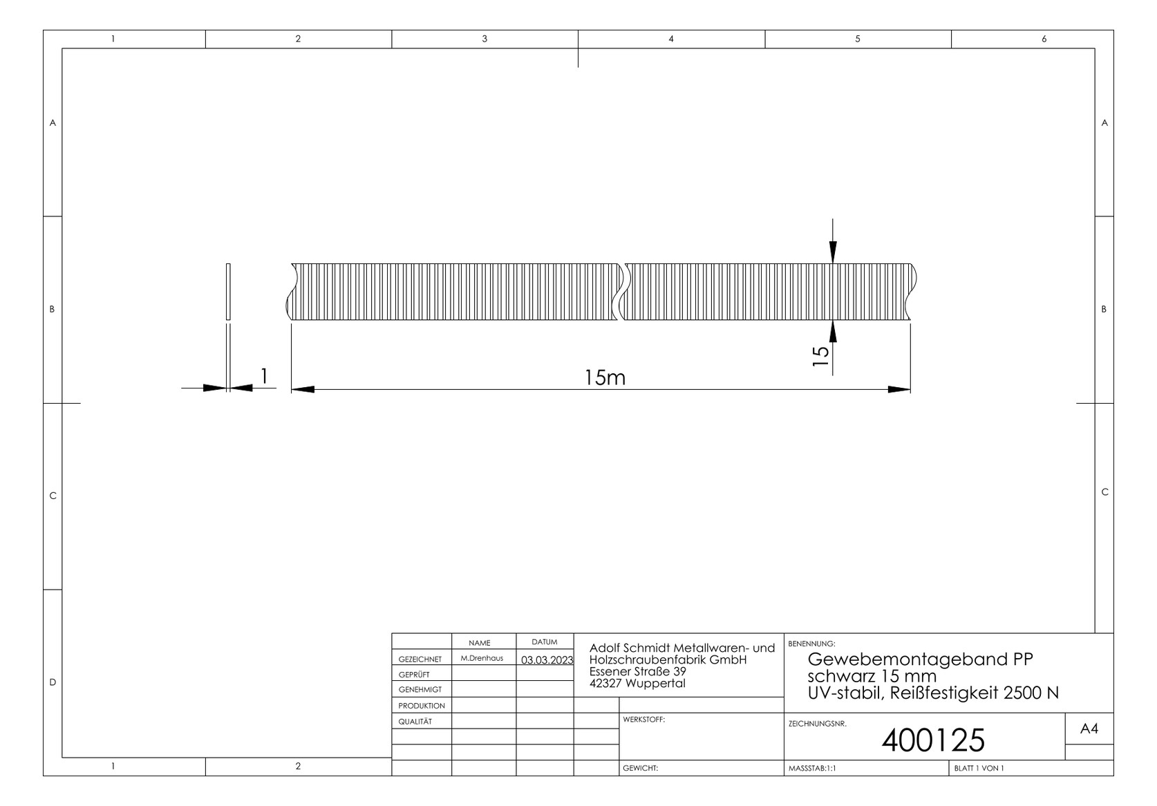 ASW Gewebemontageband 15 mm, Reißfestigkeit 2500 N