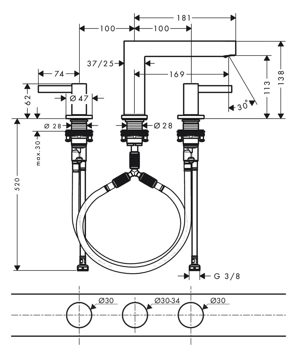 hansgrohe 3-Loch-Waschtisch-Armatur 110 Finoris mit Push-Open-Ablaufgarnitur, mattschwarz