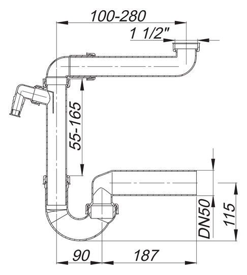 Dallmer Raumspar-Siphon 121 1 1/2" x DN 40/50, 1 Waschgeräte-Anschluss