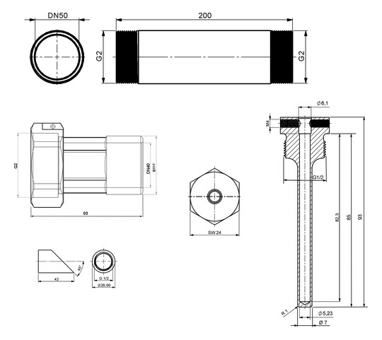 Deltamess Einbausatz G 2 AG x 200 mm, mit Distanzstück, für Splitwärmezähler