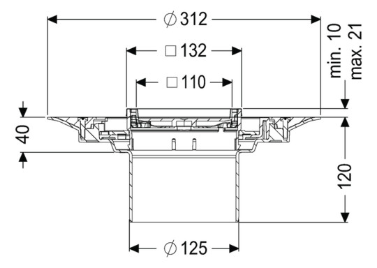 Kessel Aufsatzstück Der Ultraflache 79 110 x 110 mm, mit befliesbarer Abdeckung aus Edelstahl V2A