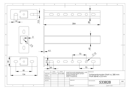ASW Schienenkonsole 280 mm, Profil 38/40 x 2.0 mm, Stahl verzinkt