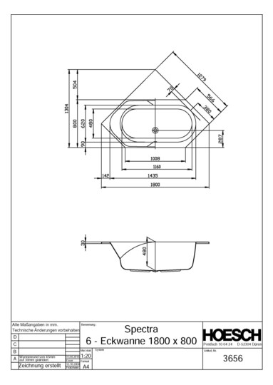 Hoesch 6-Eck-Badewanne Spectra weiß, 180 x 80 cm, 157 l