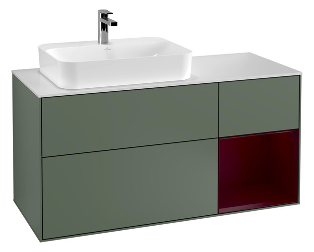 V&B Waschtisch-Unterschrank Finion 120cm, Abdeckplatte white matt, Regal rechts Peony, Olive Matt Lacquer