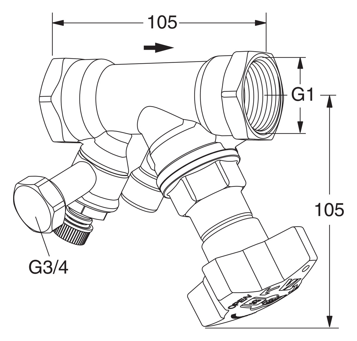 TA Absperrventil STS DN 25, kvs 9,8, Innengewinde, mit Entleeradapter