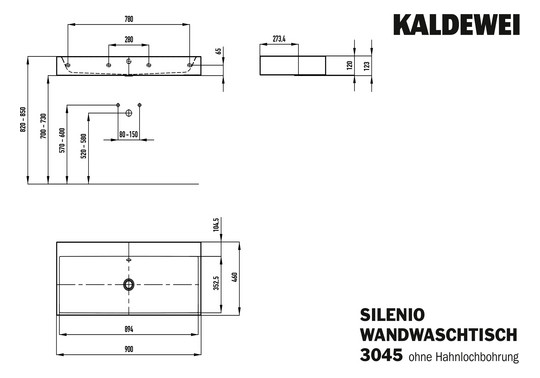 Kaldewei Wand-Waschtisch SILENIO 3045, 90 x 46 x 12 cm, warm grey 60 Perl-Effekt, mit Überlauf, ohne Hahnloch