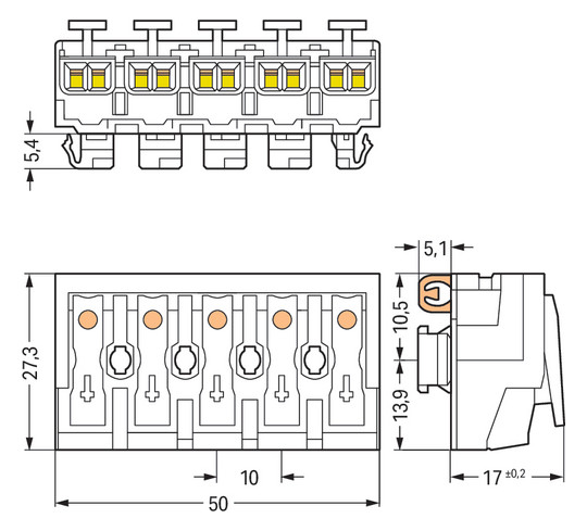 Klemmleiste 5p ws Serie 294 24A Thermopl 0,5-2,5qmm 50mm Federzugans Steckklemm