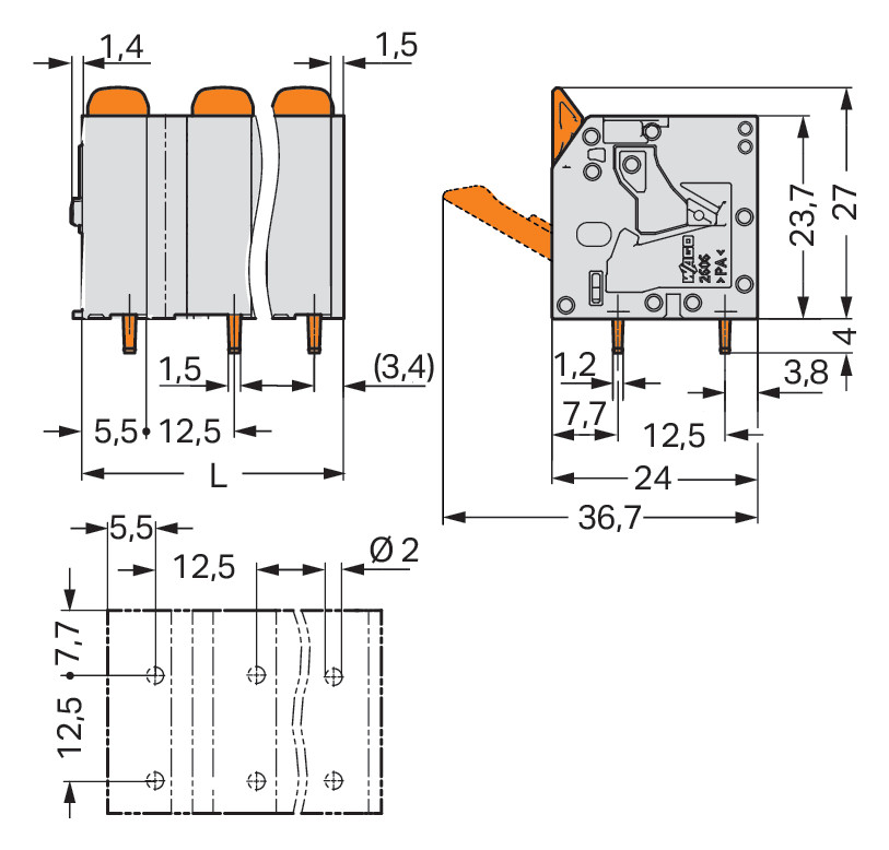Printklemme 5f 1re gr RM=12,5 0,2-10qmm Federzug/Löt 0,25-6qmm