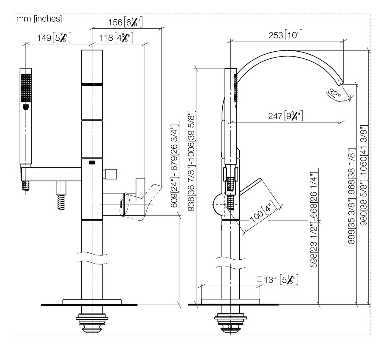 Dornbracht Wannen-Einhand-Armatur CYO freistehend, mit Standrohr, Schlauchbrausegarnitur, chrom