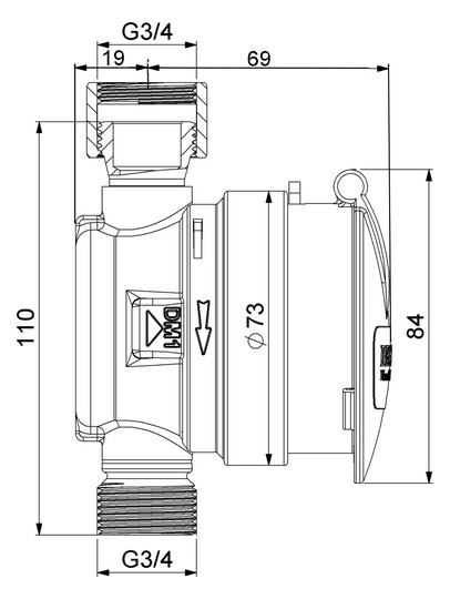 Deltamess Zapfhahnzähler TKS smart M Kalt, G 3/4" AGx110mm, Q3 2,5 cbm/h, mit Schutzdeckel