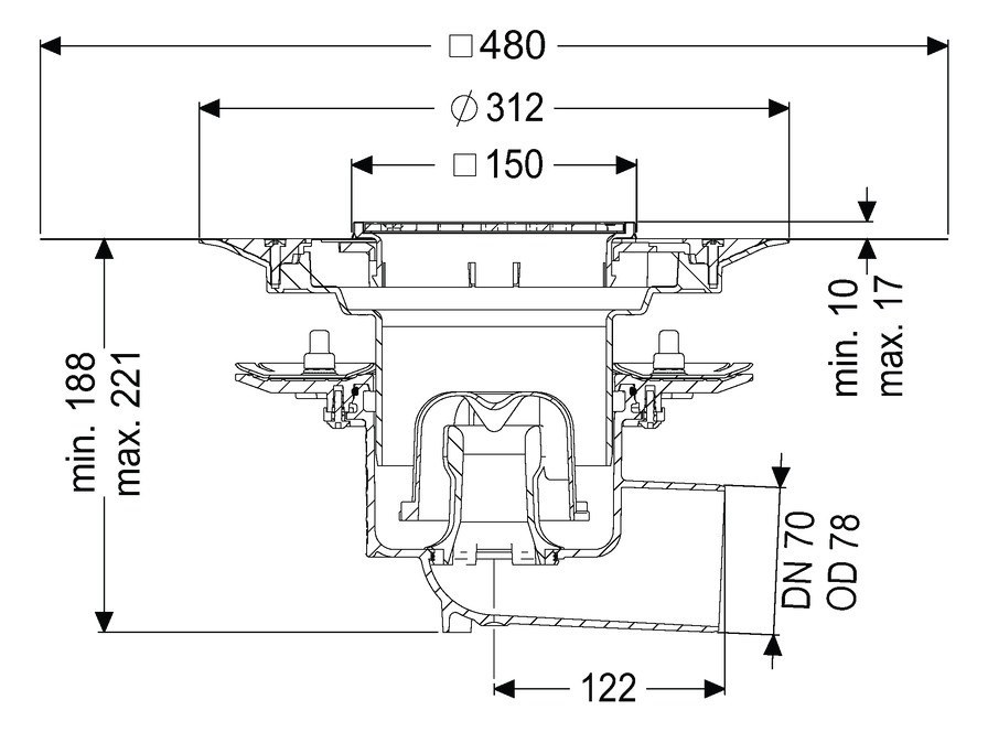Kessel Boden-Deckenablauf Ecoguss DN 70, Schlitzrost, Auslauf seitlich, mit Pressdichtungsflansch