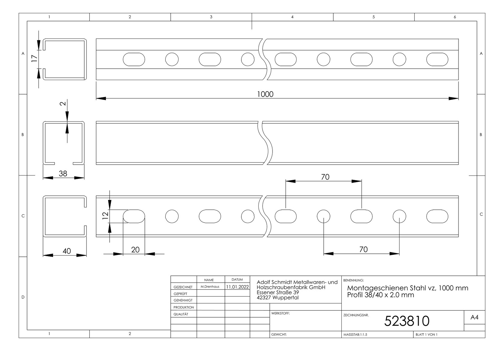 ASW Montageschiene 1000 mm, Profil 38/40 x 2.0 mm, Stahl verzinkt