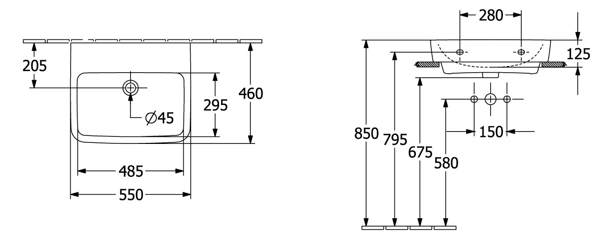 V&B Einbau-/Aufsatz-Waschtisch O.Novo 55x46cm, eckig, ohne Hahnloch, ohne Überlauf, weiß AntiBac C-plus