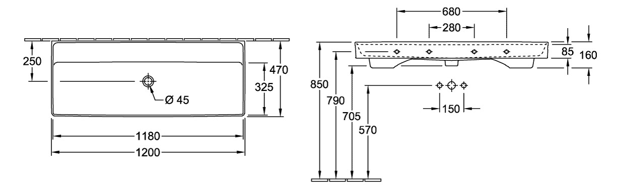V&B Schrankwaschtisch Collaro 120 x 47 cm, ohne Überlauf, ohne Hahnloch, stone white C-plus