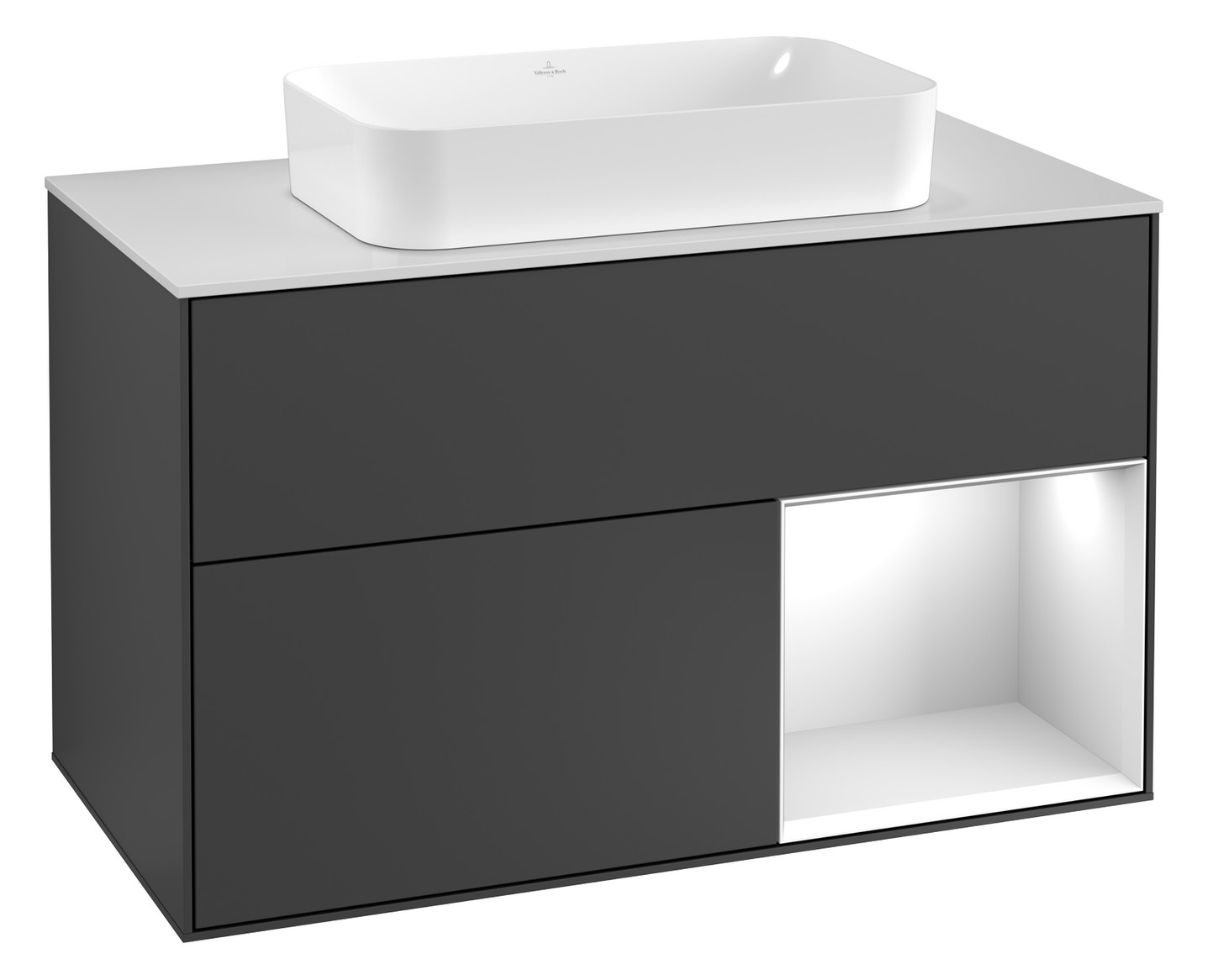 V&B Waschtisch-Unterschrank Finion 100x60,3x50,1cm, Regal rechts White matt lacquer, Walnut veneer