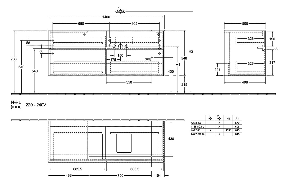 V&B Waschtischunterschrank Collaro 140x54,8x50cm, Waschtisch rechts, black matt laquer