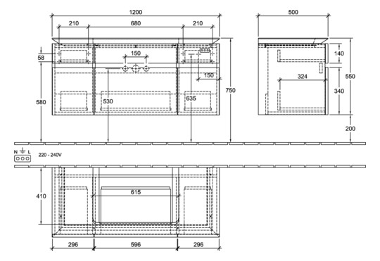 V&B Waschtischunterschrank Legato 120x55x50cm, Waschtisch mittig, Kansas Oak