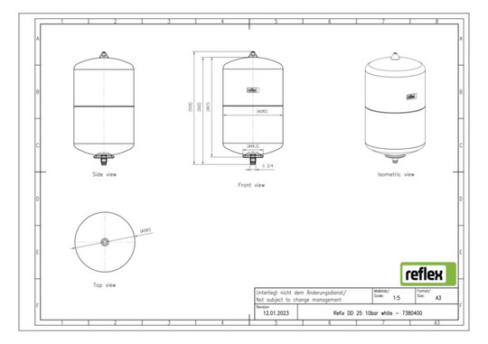 Reflex Membran-Druckausdehnungsgefäß Refix DD 25, 10 bar/70 °C, G 3/4, weiß
