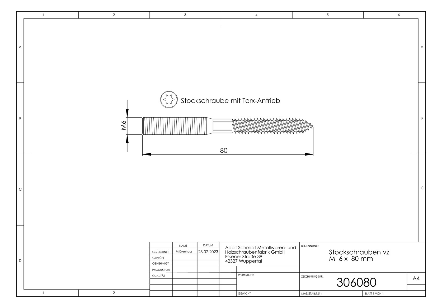 ASW Stockschraube M 6 x 80 mm, Stahl verzinkt