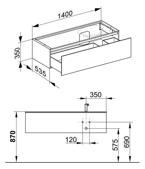 KEUCO Waschtischunterschrank Edition 11 Planning 140x35x53,5cm, 1 Frontauszug, rechts, Innenbeleuchtung, Lack Seidenmatt, Glas Trüffel klar