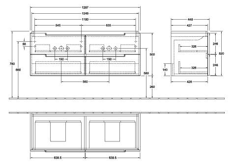 V&B Waschtisch-Unterschrank Subway 2.0 128,7x52x44,9cm, Griff silber matt, black matt lacquer