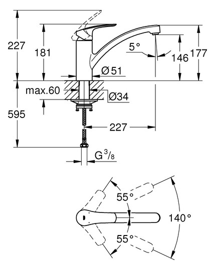GROHE Spültisch-Einhebelmischer Eurosmart 1/2", flacher Auslauf, Durchfluss 11 l/min, chrom