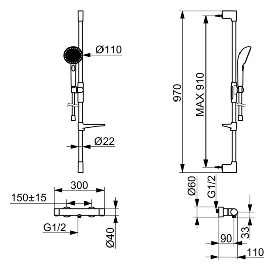 HANSA Duschsystem HANSAPRISMA mit Thermostat, Wandmontage, 970mm, Stahl gebürstet