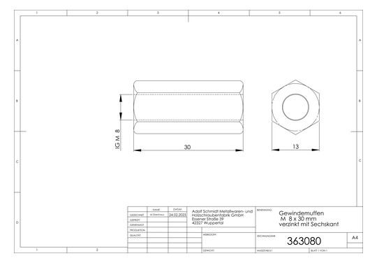 ASW Sechskant-Gewindemuffe M 8 x 30 mm, Stahl verzinkt, mit durchgehendem Gewinde
