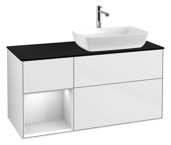 V&B Waschtisch-Unterschrank Finion 120cm, Abdeckplatte black matt, Regal White matt lacquer, Glossy white lacquer
