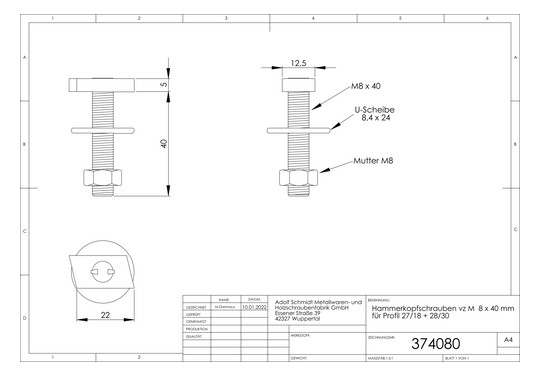 ASW Hammerkopfschraube Stahl verzinkt, für Profil 27/18 + 28/30, M 8 x 40 mm