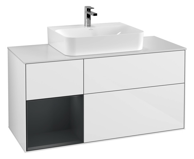 V&B Waschtisch-Unterschrank Finion 120cm, Abdeckplatte white matt, Regal links Midnight Blue Matt Lacquer, Glossy white lacquer