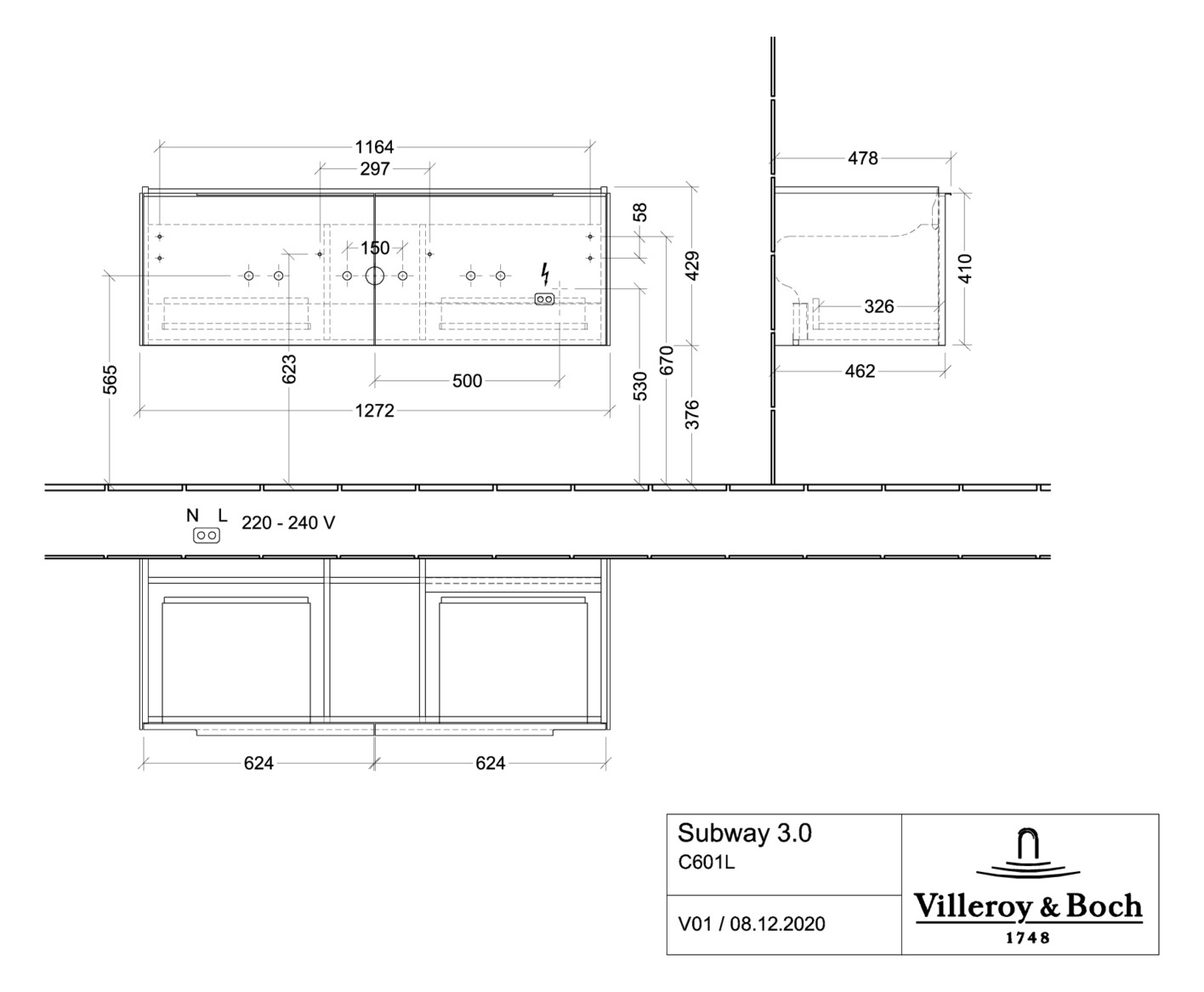 V&B Waschtisch-Unterschrank Subway 3.0 127,2x42,9x47,8cm, mit LED/Griff Aluminium glänzend, volcano black