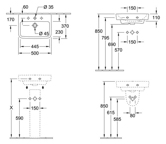 V&B Handwaschbecken O.Novo 50x37cm, eckig, mit Hahnloch, mit Überlauf, weiß AntiBac C-plus