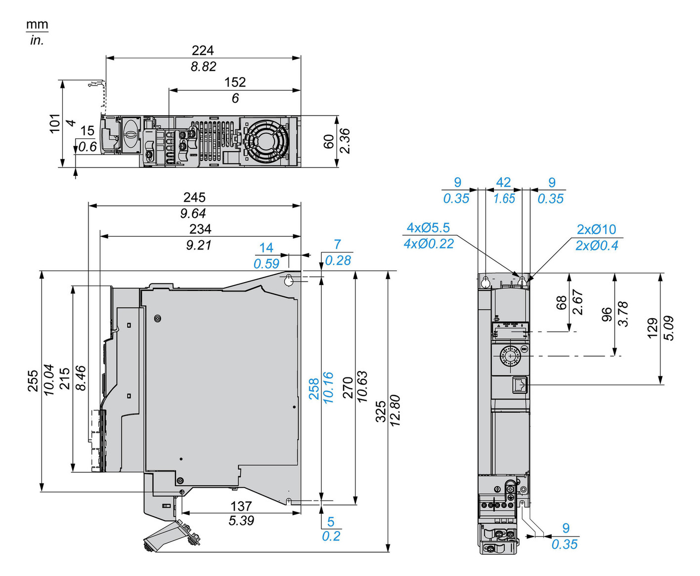 Frequenzumrichter lin=2,2 200-240V E1ph A3ph 599Hz 50/60Hz IP20 5%F 10%V