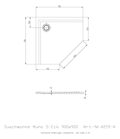 Hoesch Mineralguss-5-Eck-Duschwanne Muna 90 x 90 x 3 cm, Schiefergrau, ohne Antirutsch