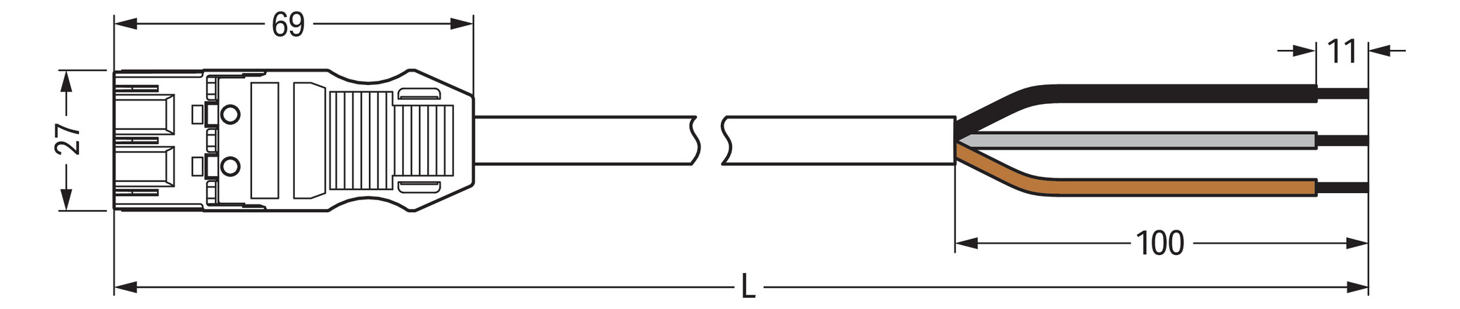 Systemverbindung 3p Serie 771 H05VV-F sw 1,5qmm 3x1,5qmm L8000mm Stecker fr.Ende