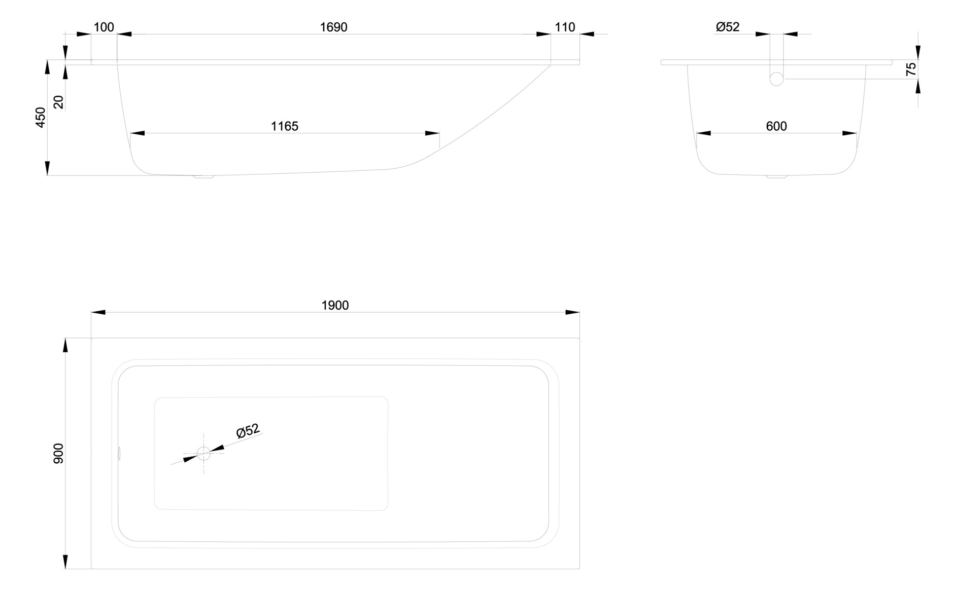 Badewanne BetteOne Relax 3324 Glasur, snow, 190x90x45cm