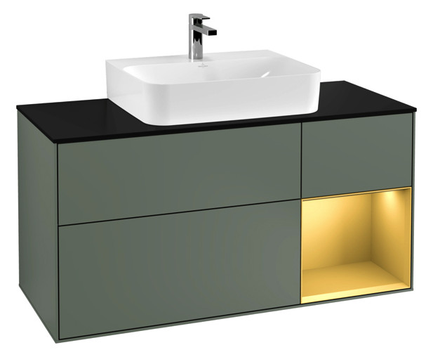 V&B Waschtisch-Unterschrank Finion 120cm, Abdeckplatte black matt, Regal rechts Gold matt, Olive Matt Lacquer