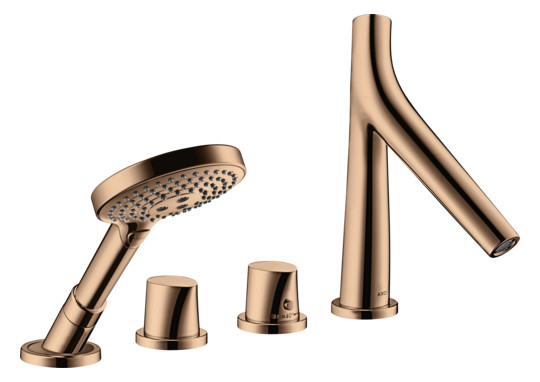 hansgrohe Fertigmontageset Axor Starck Organic 4-Loch-Wannenrandarmatur, mit Thermostat, polished red gold
