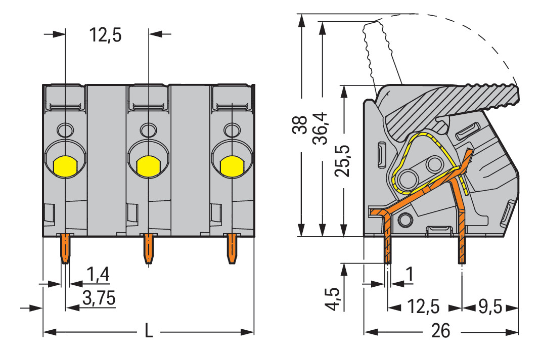 Printklemme 6f 1re gr Serie 2706 RM=12,5 Federzuganschluss/Lötanschluss 0,5-6qmm