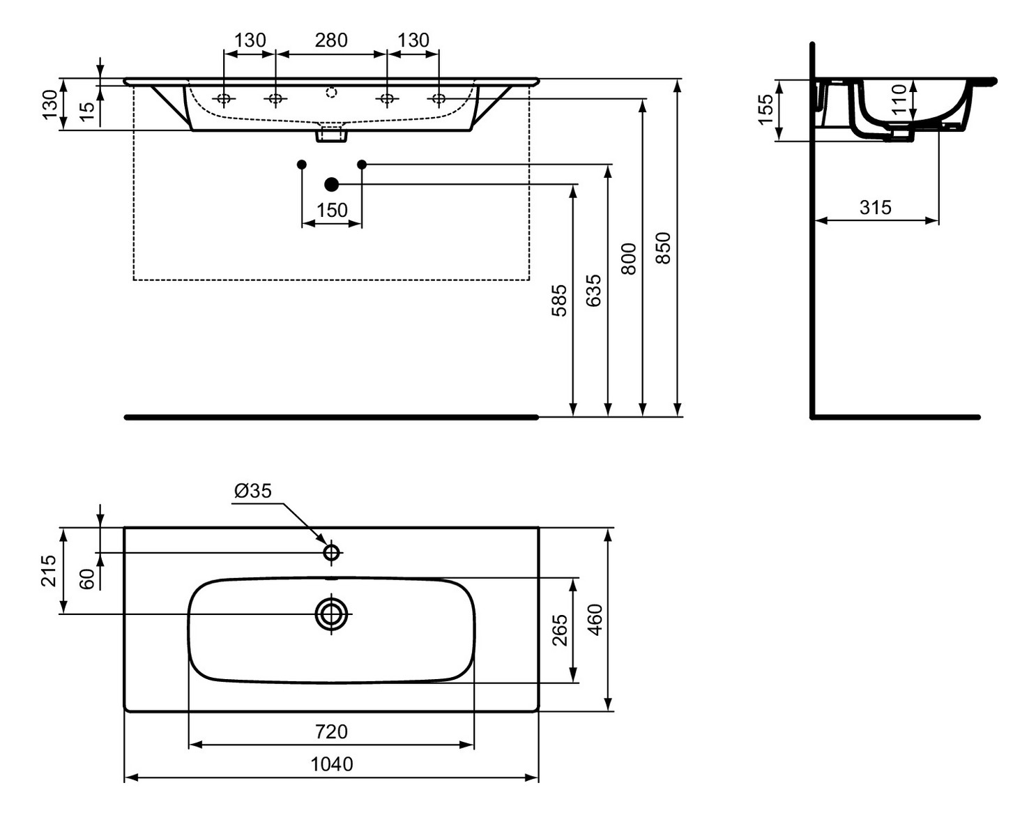 Ideal-Standard Möbelwaschtisch-Paket i.life A 104x46x64,5cm, 1 Hahnloch, Griff schwarz matt, greige matt