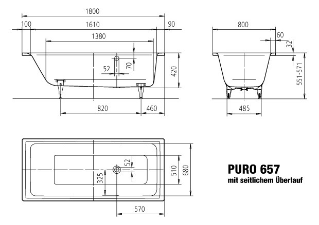 Kaldewei Badewanne PURO 657 180x80cm, Überlauf seitlich links, Standard, weiß