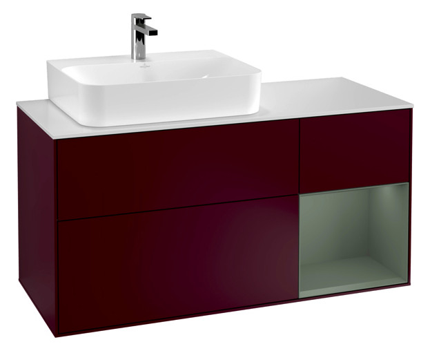 V&B Waschtisch-Unterschrank Finion 120cm, Abdeckplatte white matt, Regal rechts Olive Matt Lacquer, Peony Matt