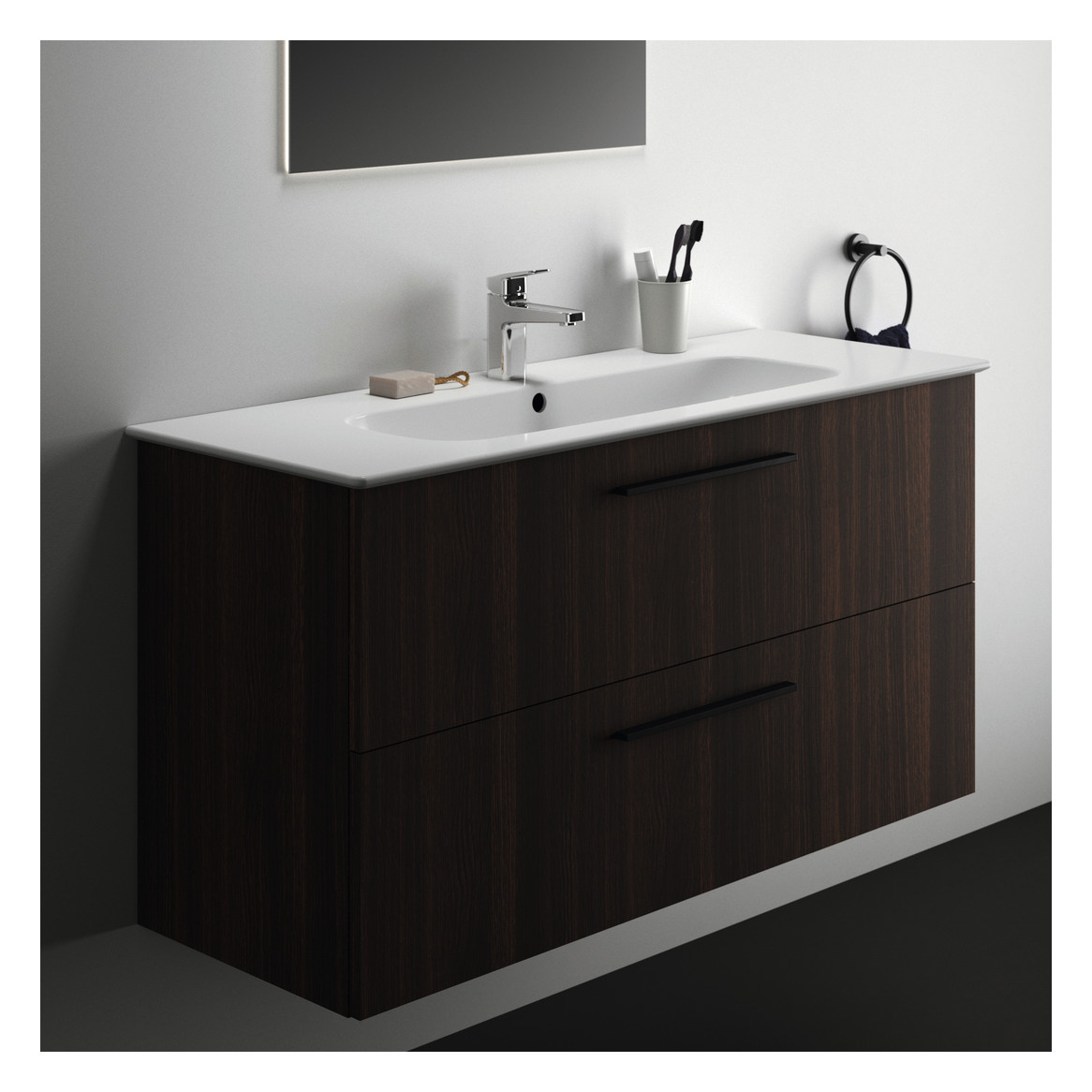 Ideal-Standard Möbelwaschtisch-Paket i.life A 124x46x64,5cm, 1 Hahnloch, Griff Chrom gebürstet, coffee oak