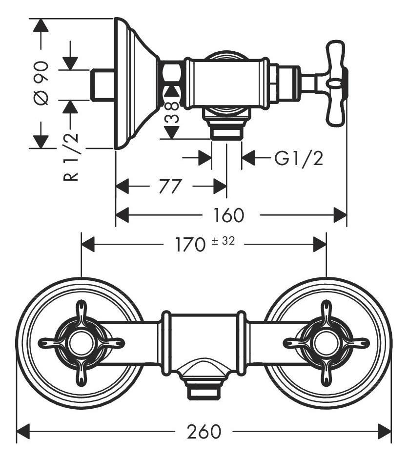 hansgrohe 2-Griff-Brause-Armatur Axor Montreux AP, 1 Verbraucher, mit Kreuzgriffen, brushed nickel