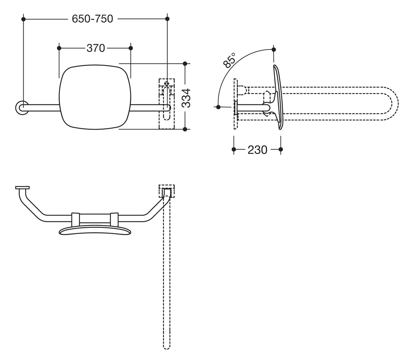 HEWI Rückenstütze 801 Wandabstand 230mm, rechts, Lehne tiefschwarz, umbra