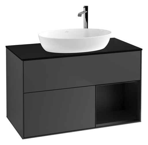 V&B Waschtisch-Unterschrank Wandbeleuchtung Finion 100cm, Abdeckplatte black matt, Regal Black matt lacquer, Anthracite matt