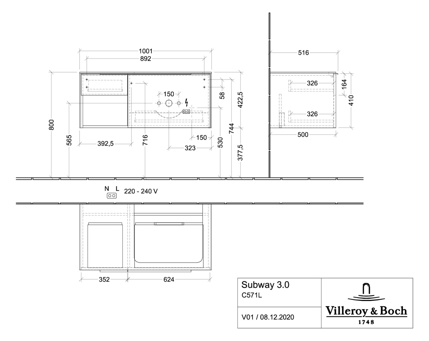 V&B Waschtisch-Unterschrank Becken rechts Subway 3.0 100,1x42,25x51,6cm, mit LED/Griff Volcano black, stone oak