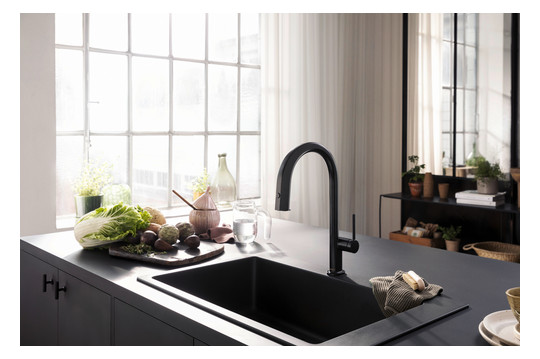hansgrohe Spültisch-Einhebelmischer Aqittura M91 mit Ausziehauslauf, 1jet, Starter Set, mattschwarz