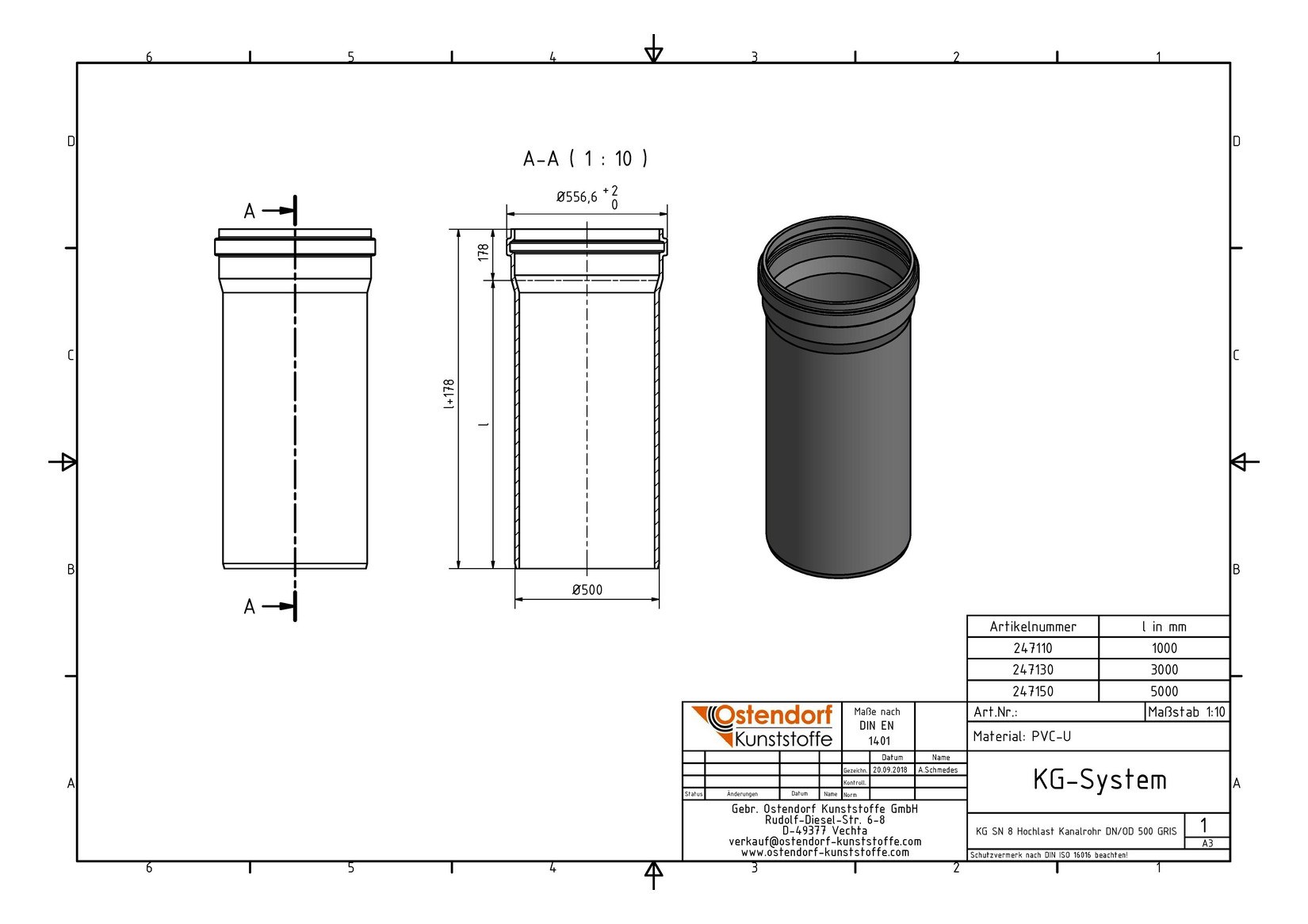 Ostendorf KG Rohr SN 8 EM DN/OD 500, 5000 mm, mit Steckmuffe/Lippendichtung